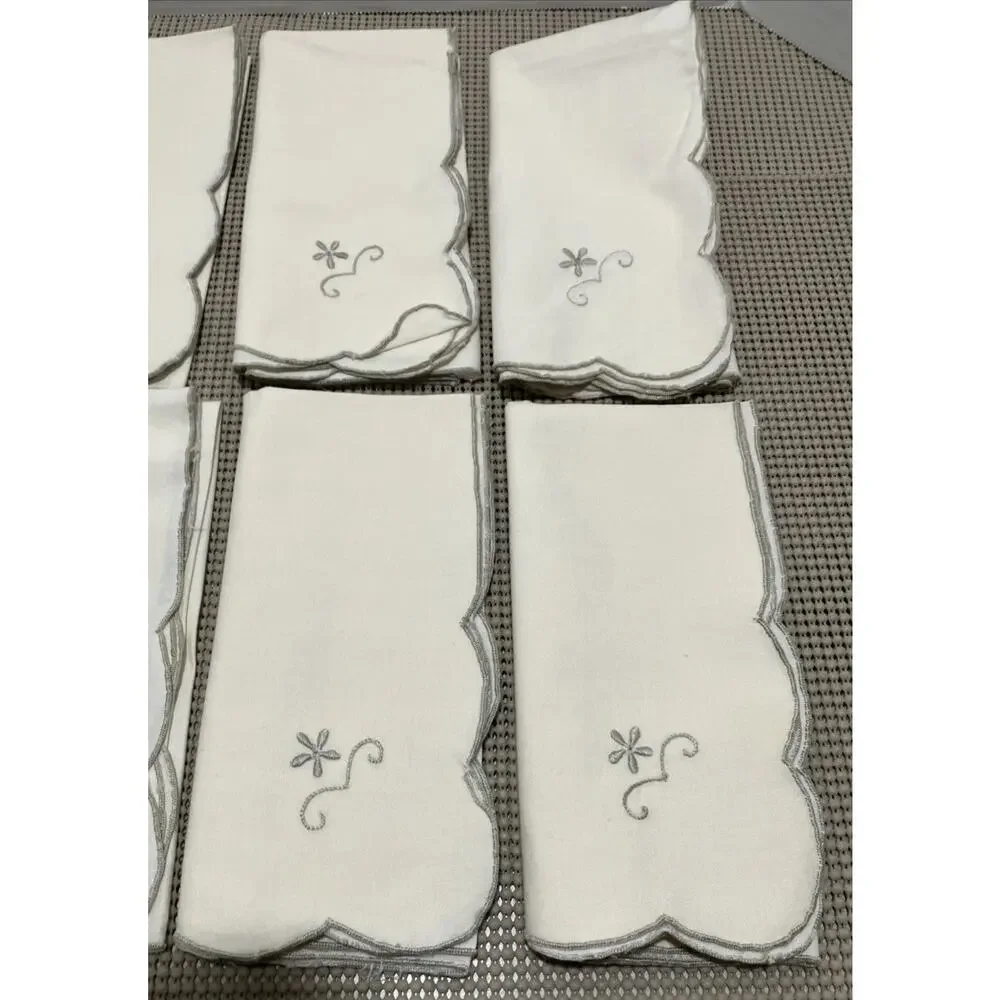 Cocktail Napkins Embroidered Scalloped Off-White Gray Silver Edge Set of 8